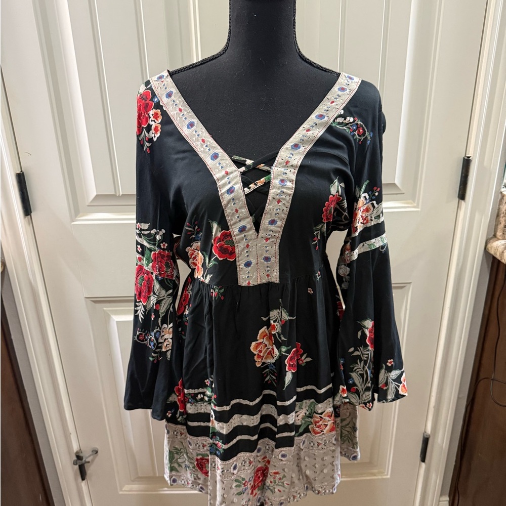 Floral Embroidered Black Tunic Top